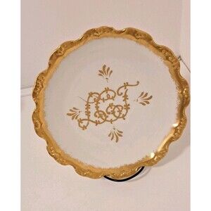 Antique Monogramed Moritz Zdekauer Austria Limoges 22K Gold Luncheon 8"  Plate